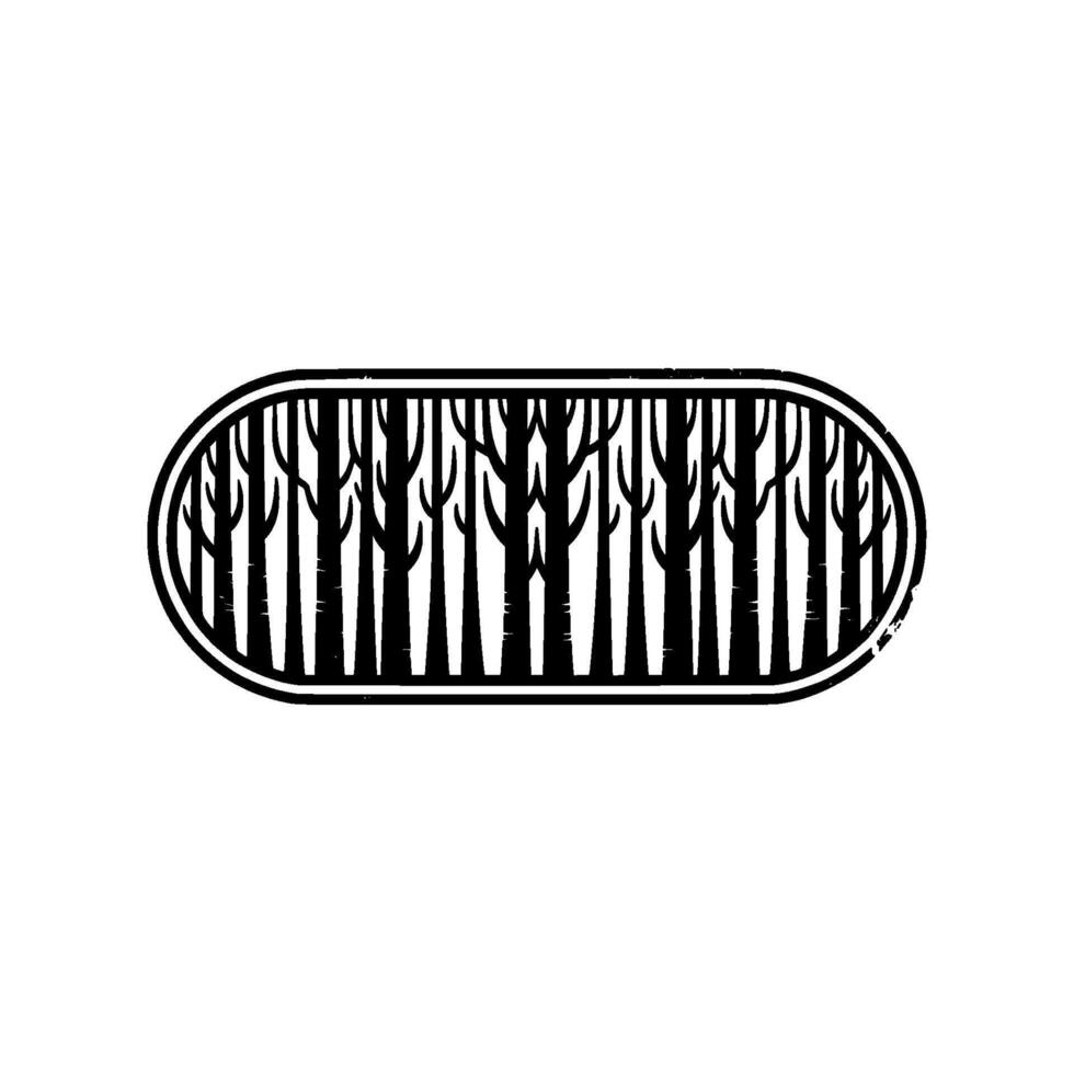 Forest Silhouette in Oval Frame, Minimalist, Black White. vector
