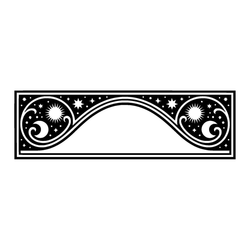 Celestial Frame Black White Decorative Border with Stars, Sun, Moon. vector