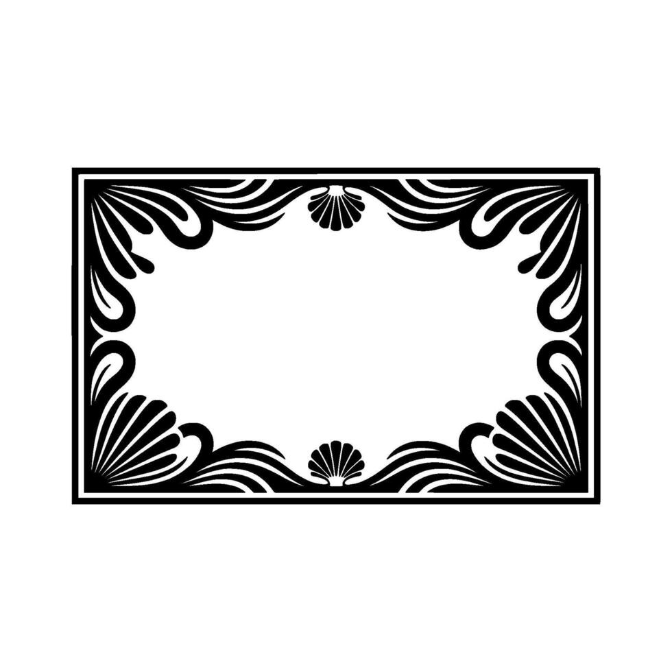 Elegant Black White Ornate Frame with Shell Accents, Isolated. vector