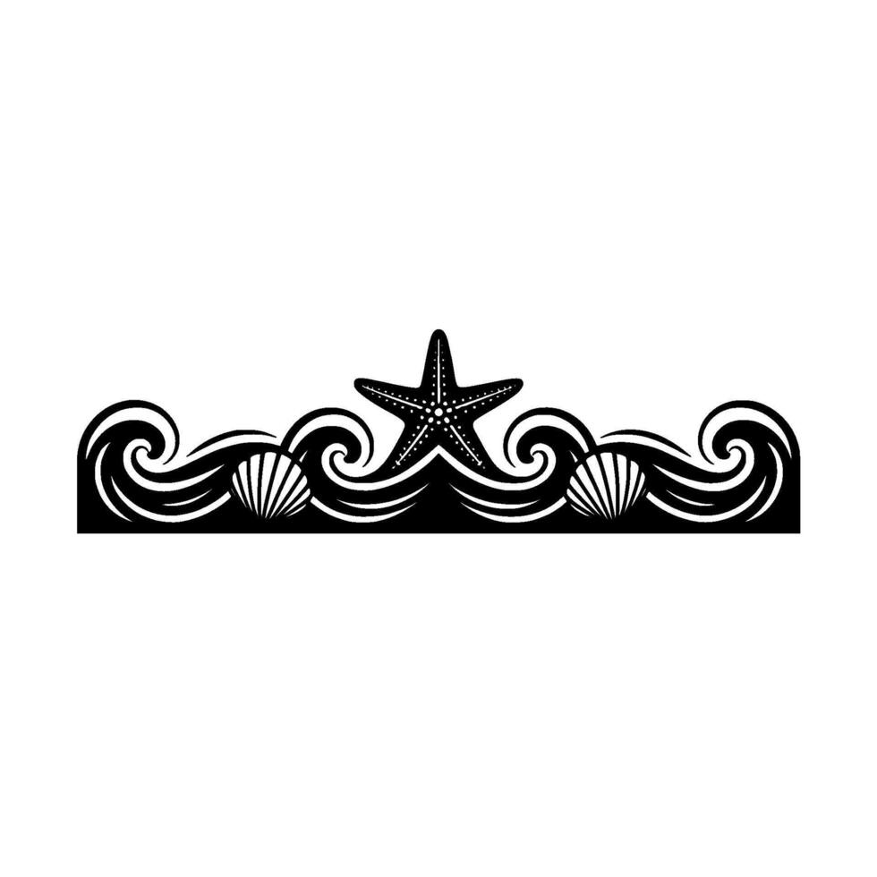 Black and White Coastal Border Starfish, Shells, Waves. vector