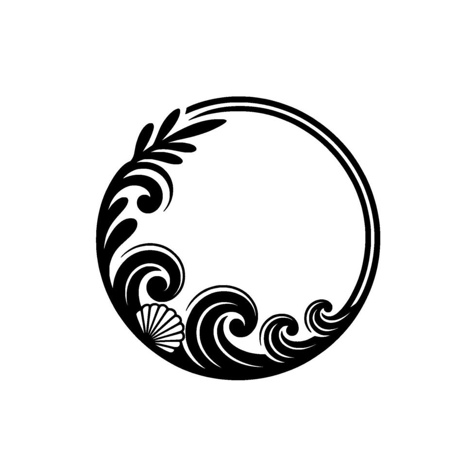 Elegant Ocean Circle Frame, Black and White Floral. vector