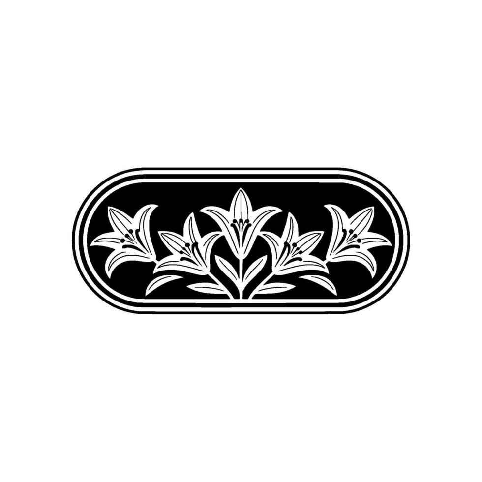 Elegant Lily Floral in Black White Oval Frame. vector