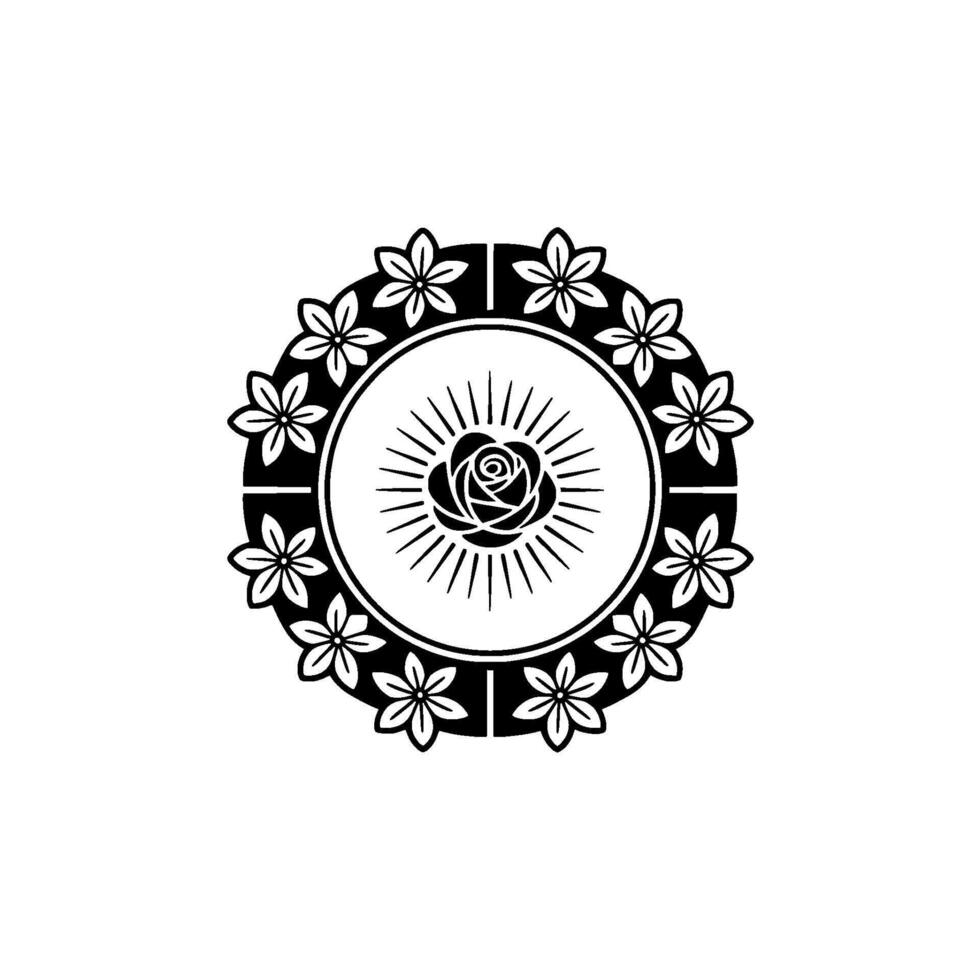 Elegant Black White Floral Emblem with Rose Center. vector