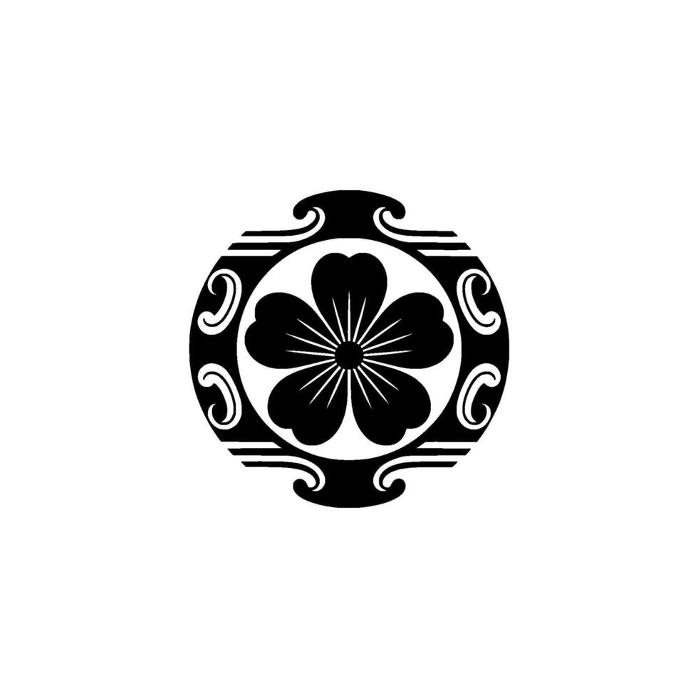Black and White Japanese Floral Crest, Art, Minimalist. vector