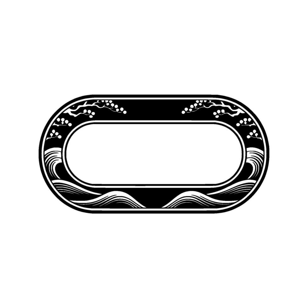 Elegant Japanese-Inspired Oval Frame with Waves and Blossoms. vector