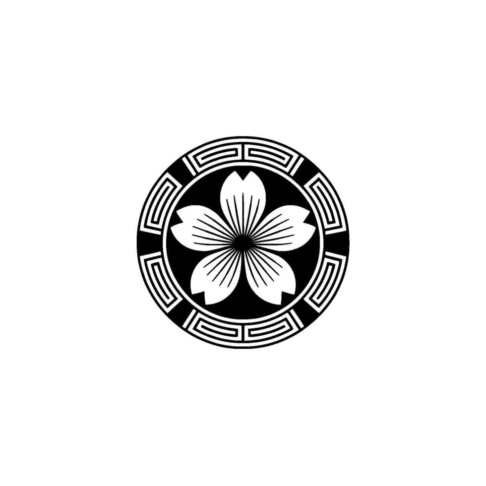 Japanese Cherry Blossom Crest in Geometric Circle, Minimalist. vector