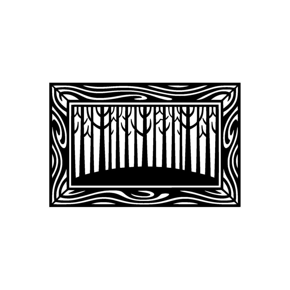 Art Deco Forest Silhouette in Decorative Frame, Black White. vector
