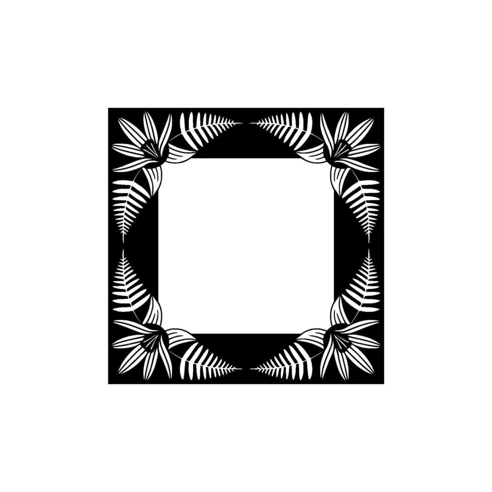 Minimalist Tropical Frame Black White Fern Flower Illustration. vector