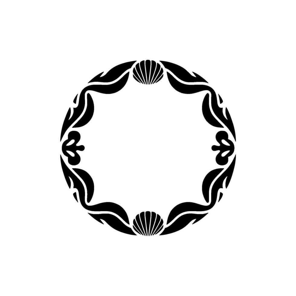 Ornate Black Leaf and Shell Circle Frame on White Background. vector