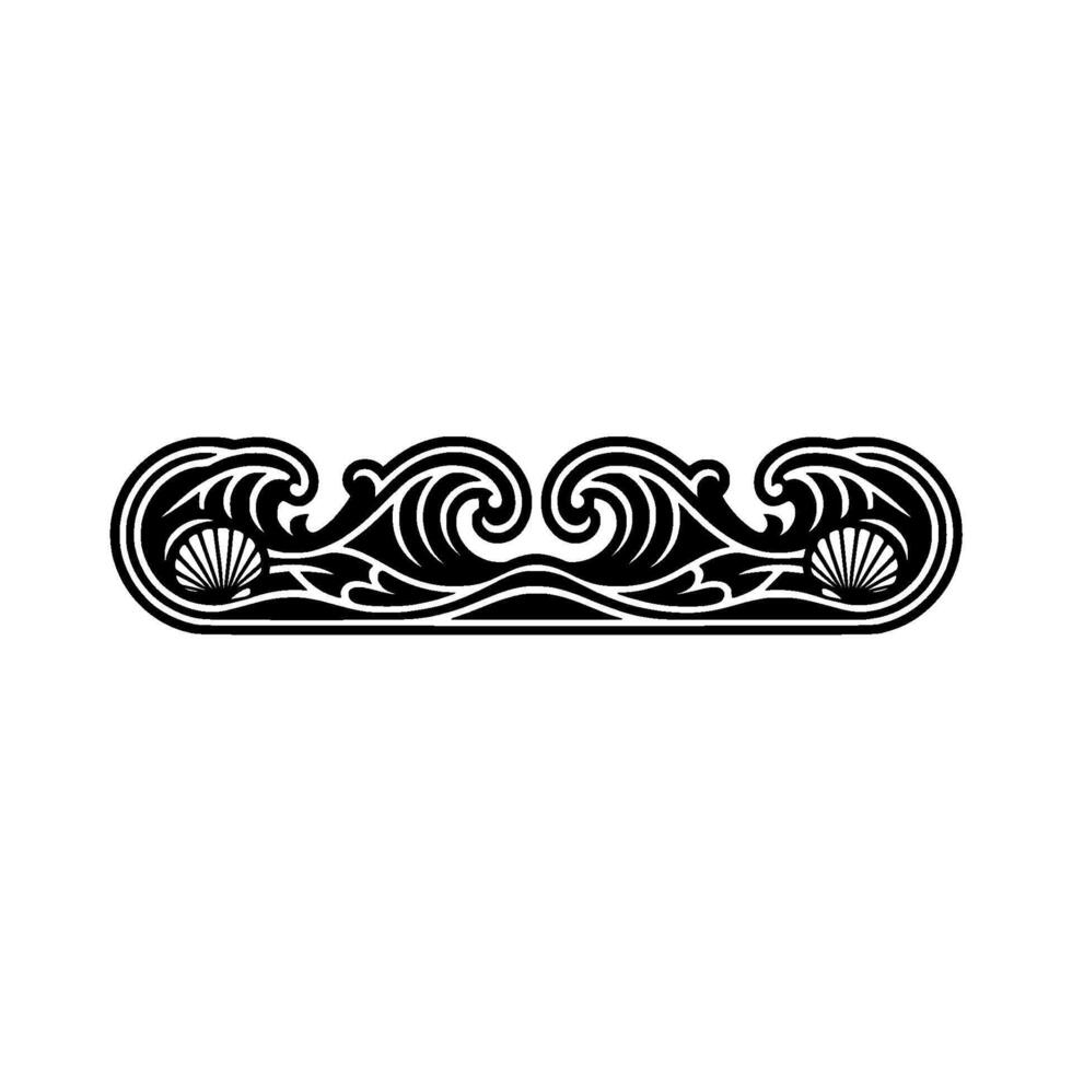 Art Nouveau Wave Shells Ornament - Black on White, Decorative Border. vector