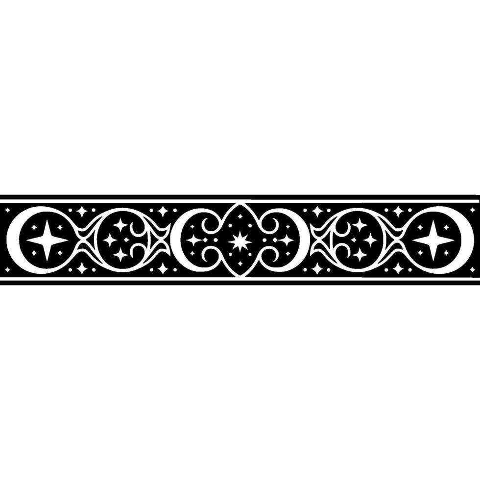 Celestial Border Black White Ornament with Stars Swirls. vector