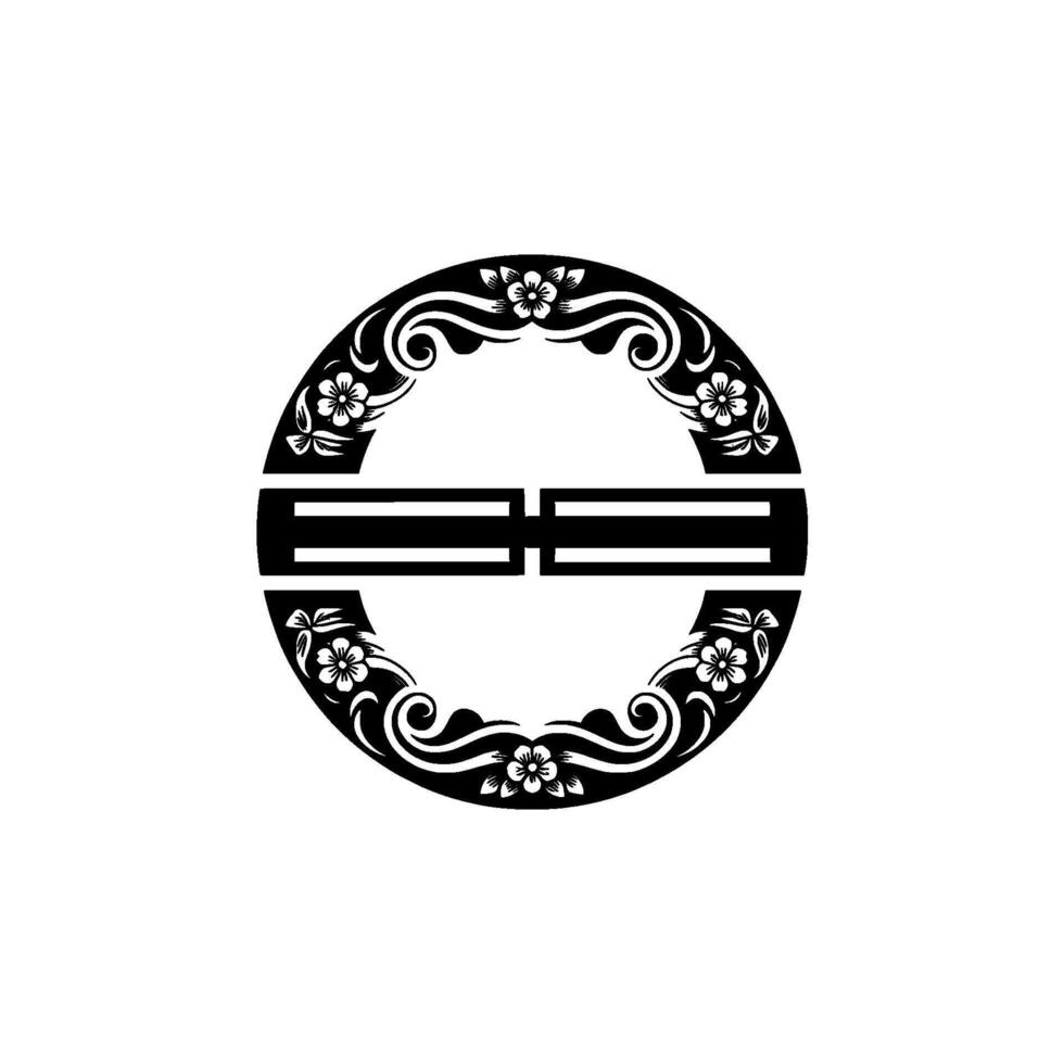Floral Circle Emblem with Geometric Center - Black White. vector