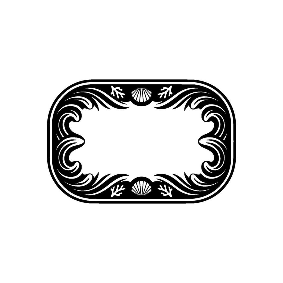 Elegant Black White Decorative Frame with Seashells Waves. vector