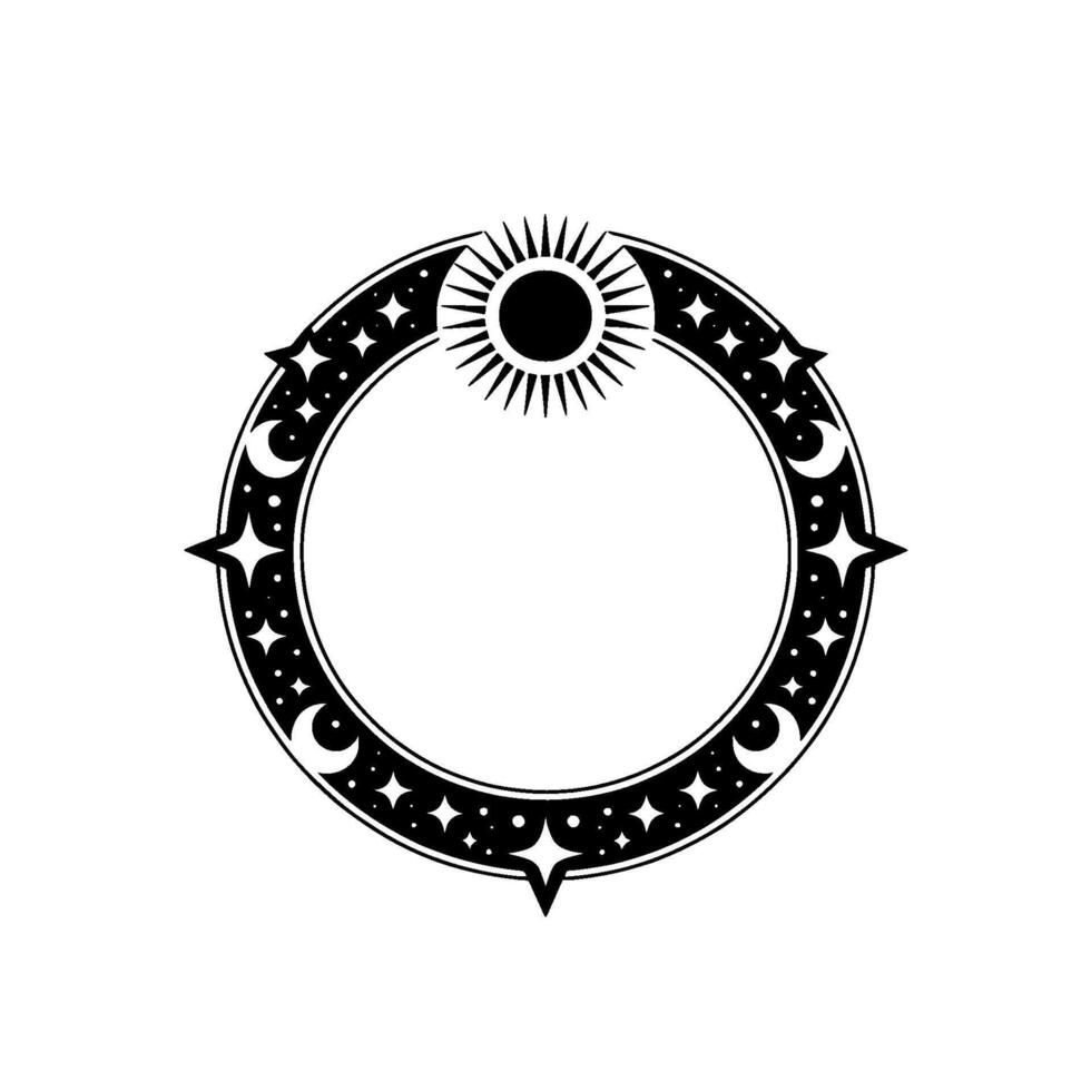 Celestial Circle Ornament Sun, Moon, and Stars , Minimalist Black White. vector
