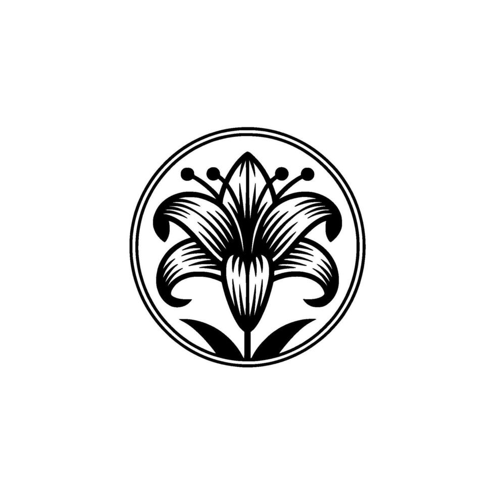 Elegant Lily Flower , Minimalist Circular Emblem in Black and White. vector