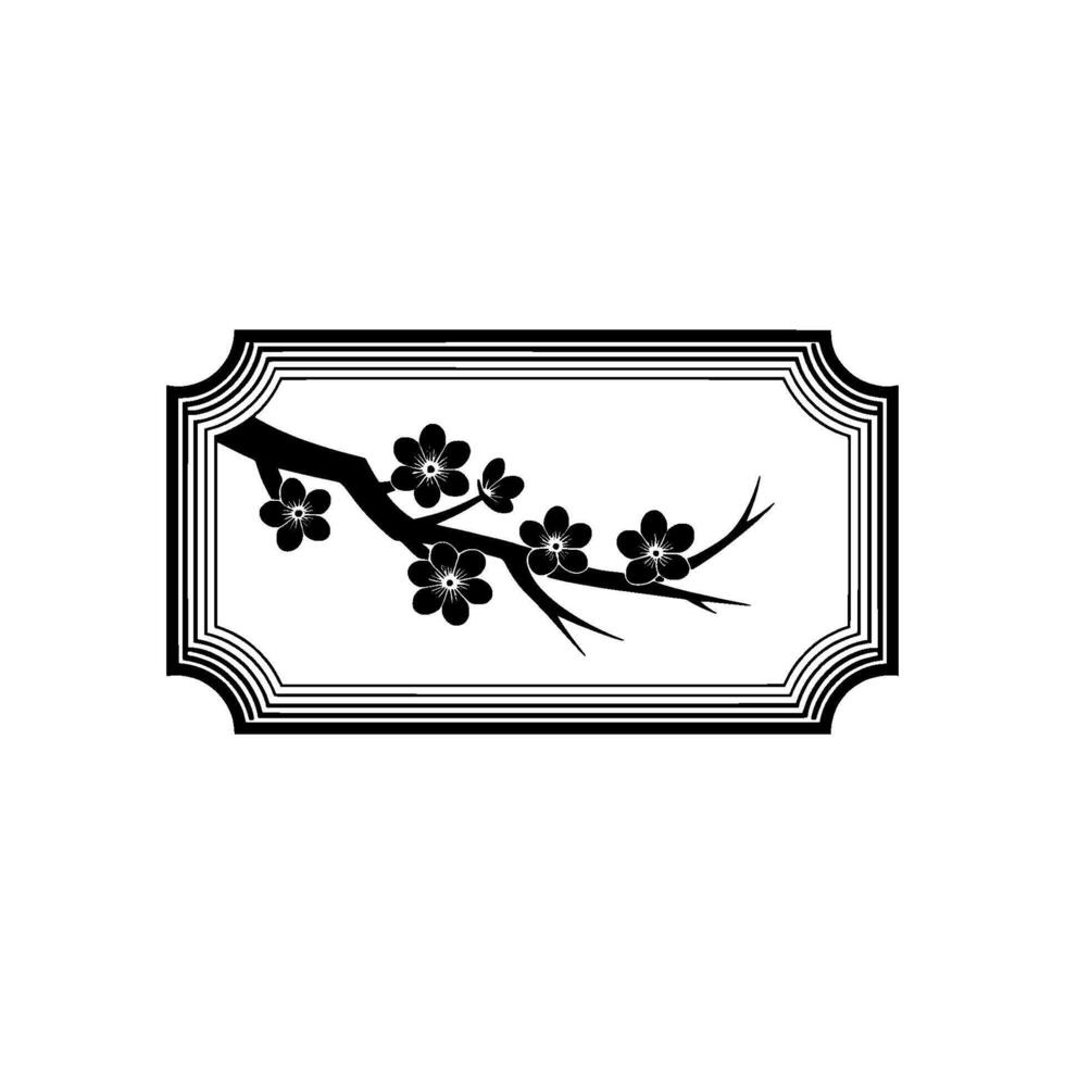 Elegant Black Cherry Blossom Silhouette in Decorative Frame. vector