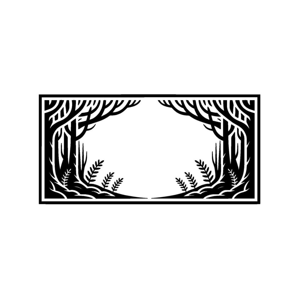 Black Forest Frame Intricate Nature Border on White. vector