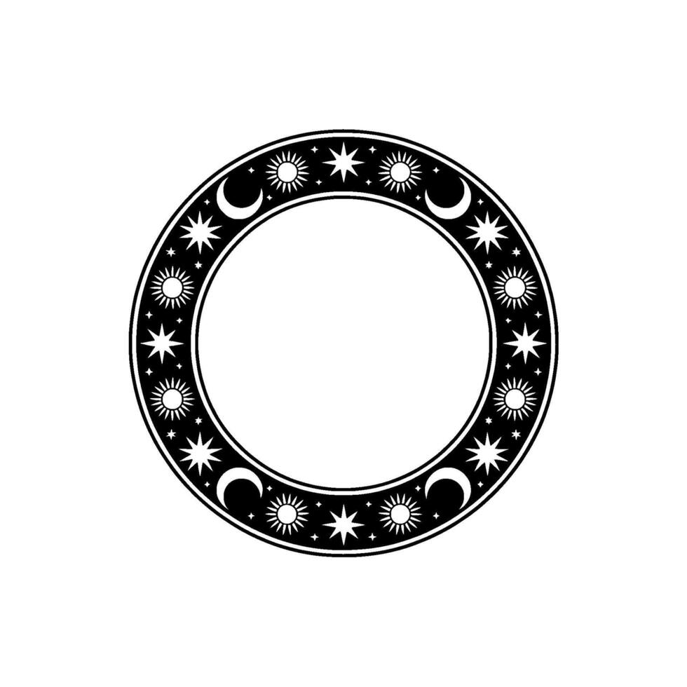 Celestial Circle Sun, Moon, Stars, Black and White Aesthetic. vector
