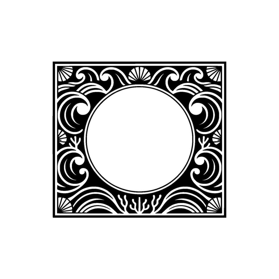 Decorative Black and White Art Deco Frame with Sea-Themed Elements. vector