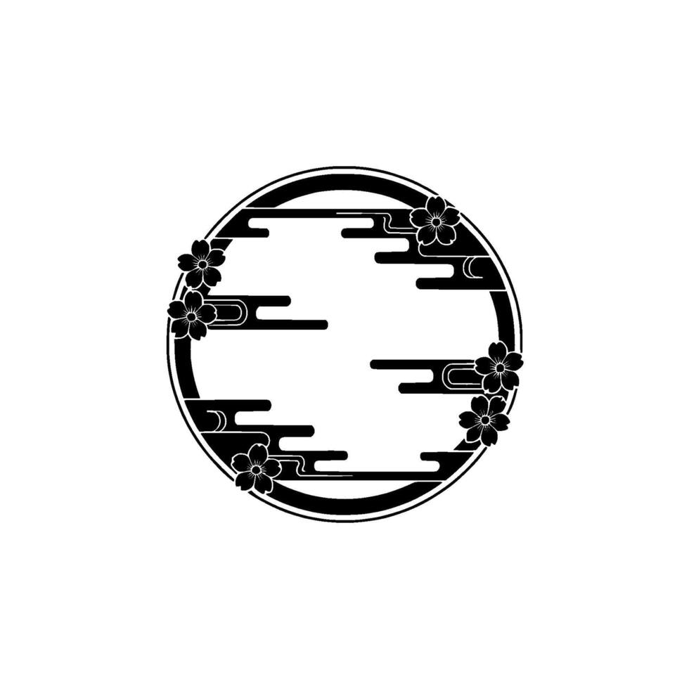 Japanese Floral Crest Circle with Cherry Blossoms, Minimalist. vector