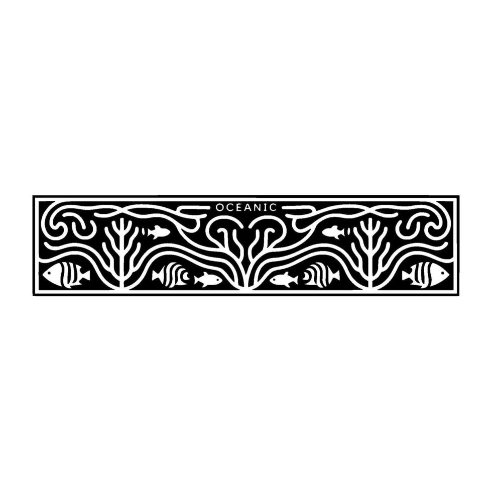 Minimalist Oceanic Black White Fish Coral Border. vector