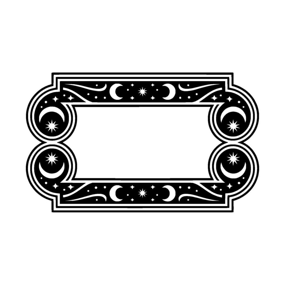 Celestial Frame Crescent Moons Stars, Minimalist Black White. vector