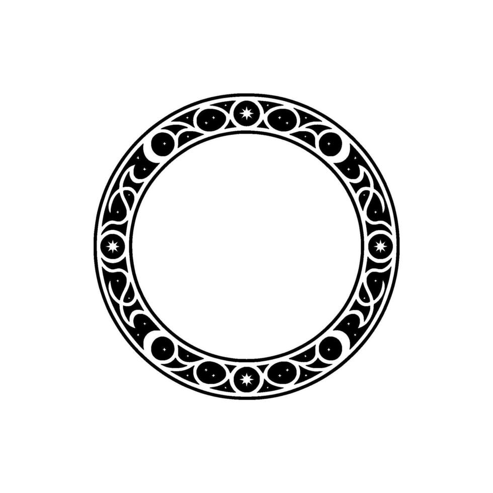 Celestial Circle Ornament, Black and Silver, Decorative. vector