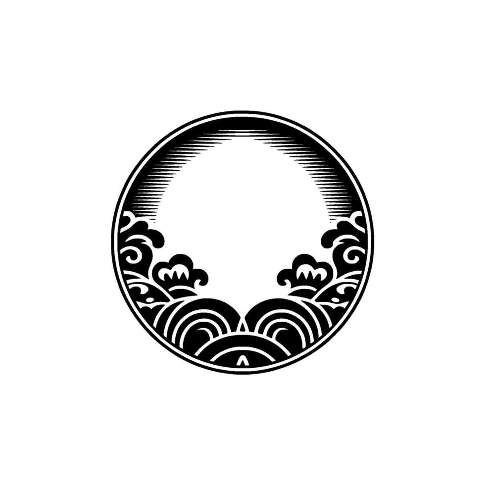Japanese Wave Crest Circle Elegant Black White. vector