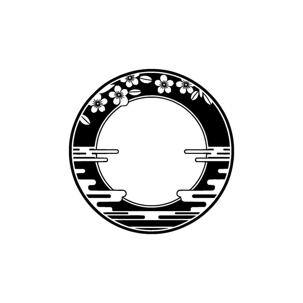 Japanese Minimalist Circle Floral Frame, Black and White. vector