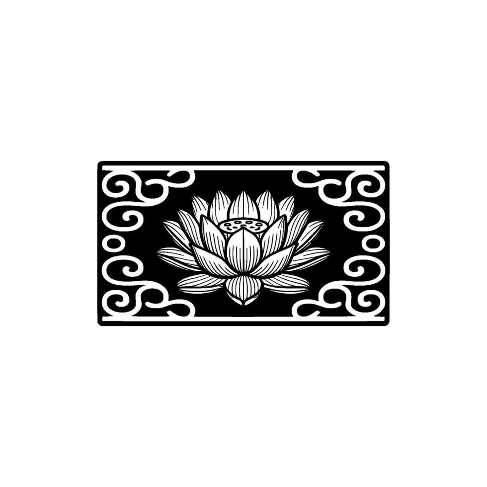 Elegant Lotus Flower Illustration, Decorative , Black White Frame. vector