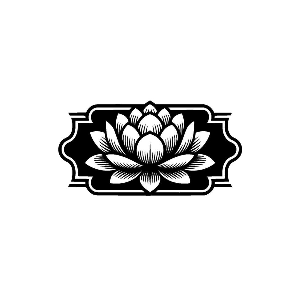 Black and White Lotus Flower in Decorative Frame. vector