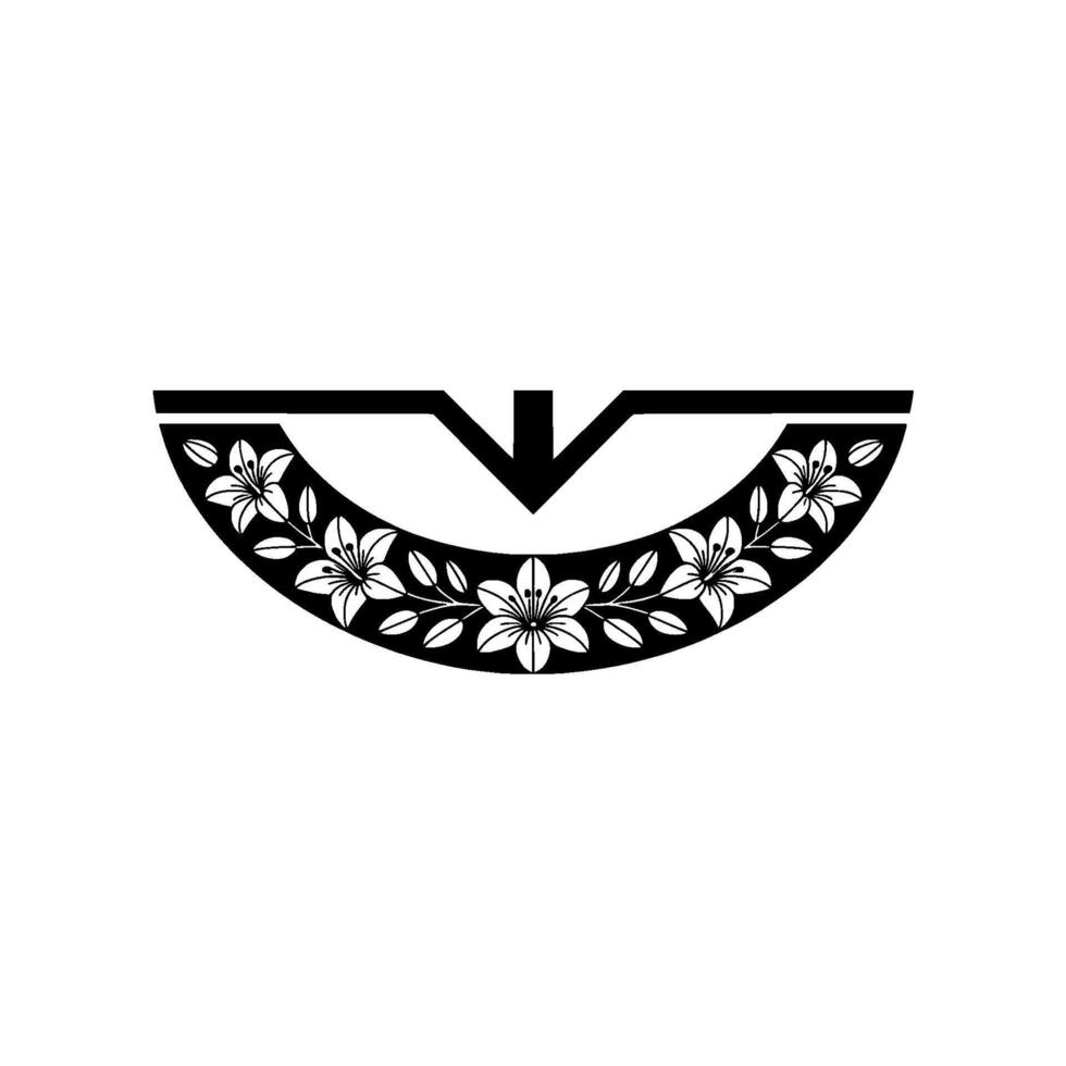 Elegant Floral Crest , Minimalist Black and White. vector