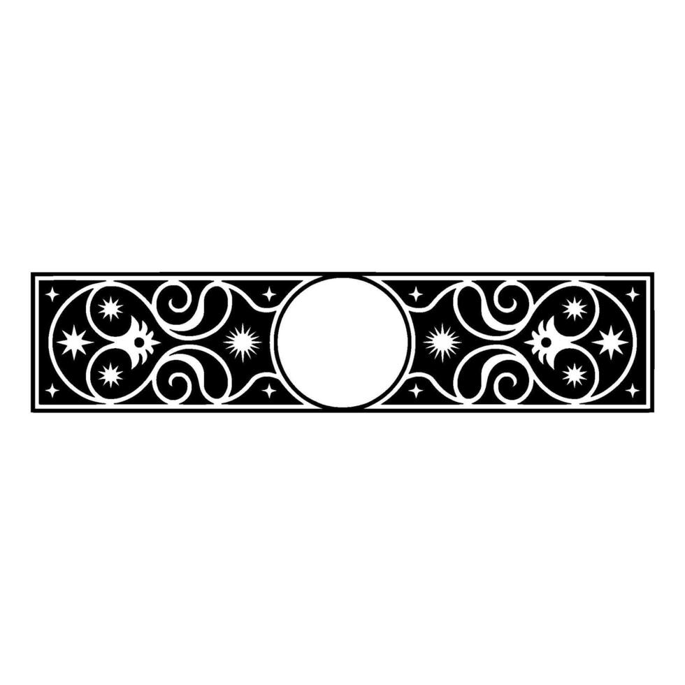 Ornate Black White Frame Decorative Scrollwork, Stars, and Blank Circle. vector
