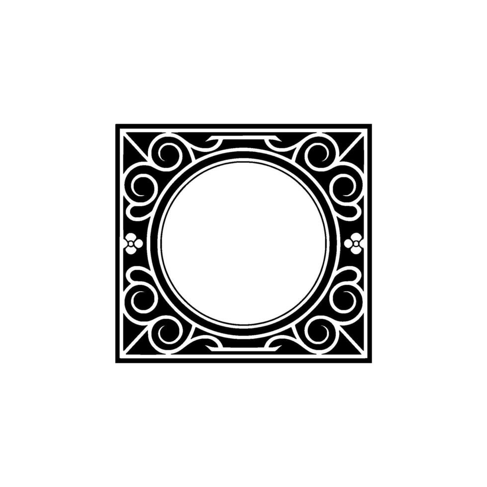 Decorative Black and White Square Frame with Swirls Floral Accents. vector