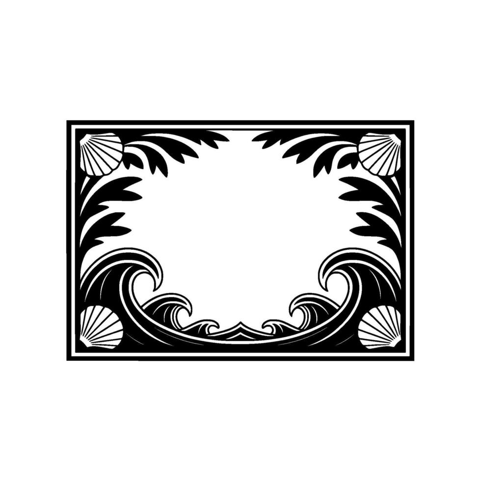Decorative Ocean Frame with Seashells and Waves, Art Deco Style. vector