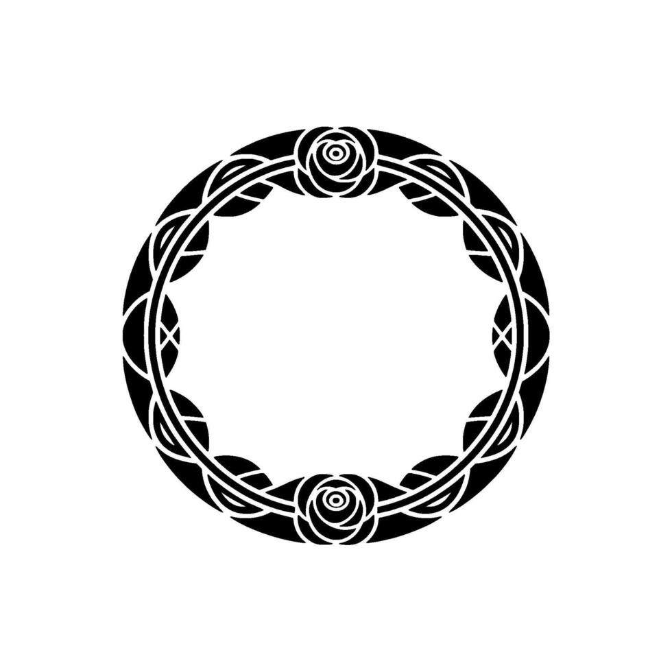Art Nouveau Rose Wreath Black Floral Frame on White. vector