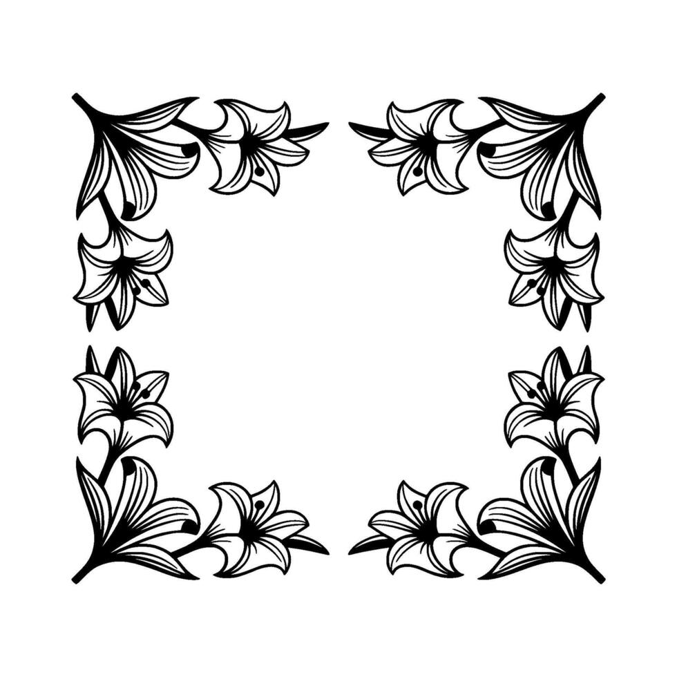 Elegant Lily Corner Frame in Black and White. vector