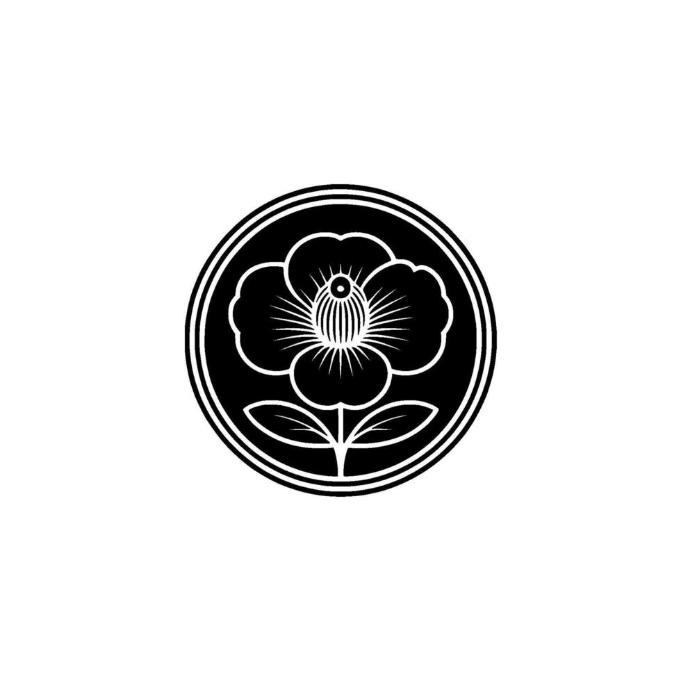 Black and White Camellia Flower Crest, Minimalist Japanese Style. vector