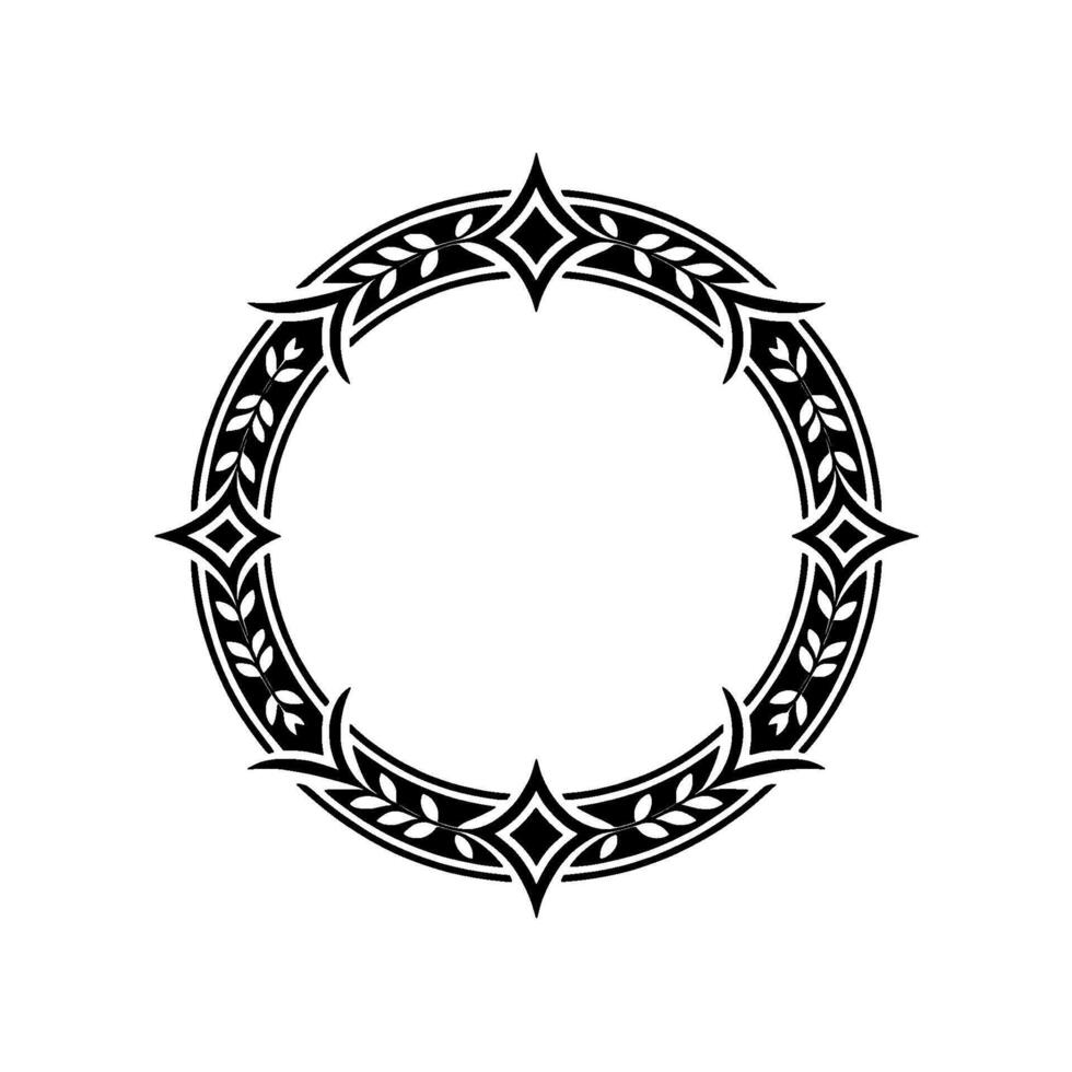 Ornate Black and White Circular Frame with Leaf Motifs. vector