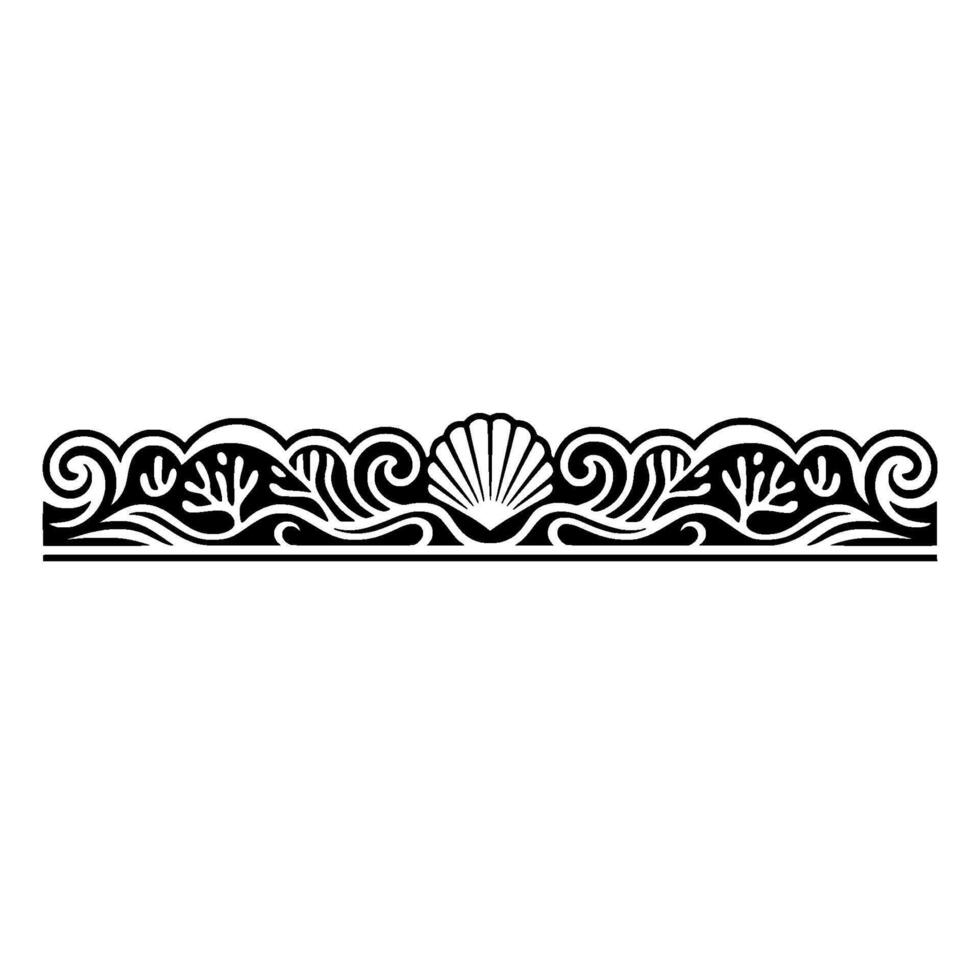 Black White Sea Border with Shell, Waves, and Coral. vector