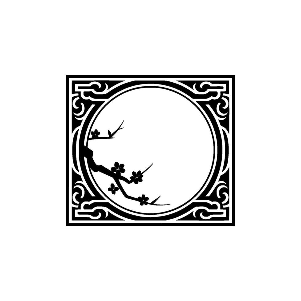 Elegant Japanese-Inspired Floral Frame with Blossom Branch. vector