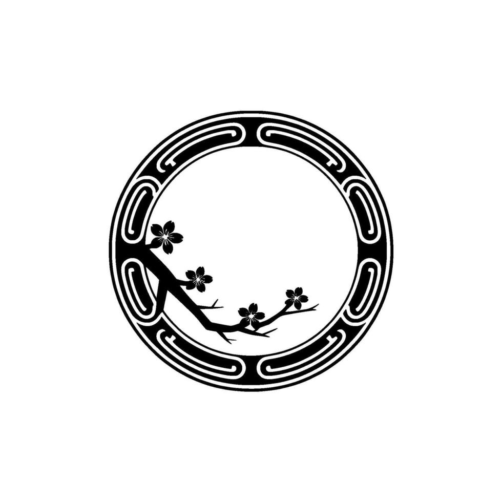 Minimalist Japanese Floral Circle Frame, Black White. vector