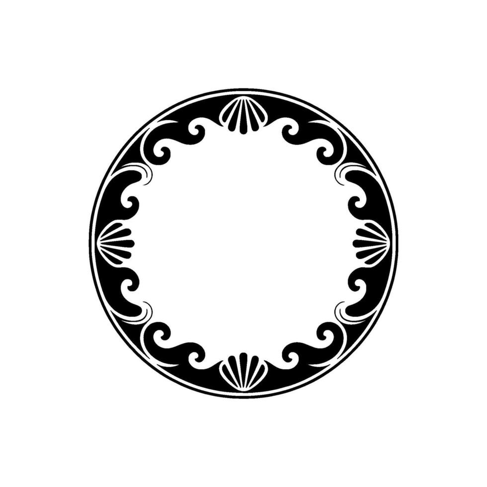 Elegant Round Black White Frame with Shell and Scroll. vector