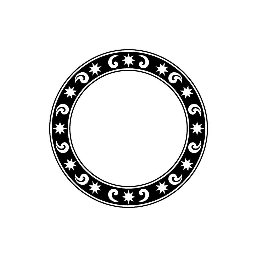 Circular Decorative Frame with Stars and Swirls - Black White Element. vector