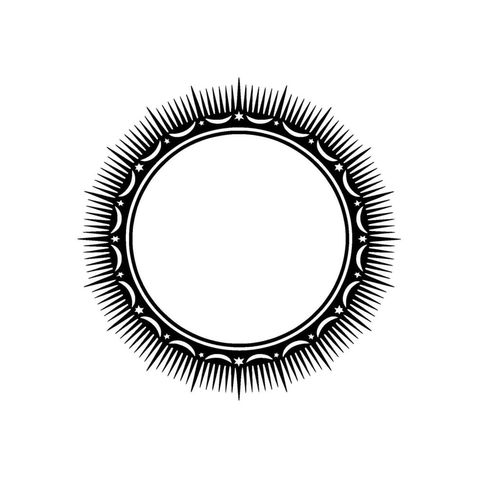 Ornate Black Circle Frame with Stars Moons on Light Background. vector