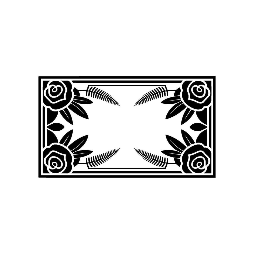 Elegant Floral Rectangular Frame Black Roses and Ferns on White. vector