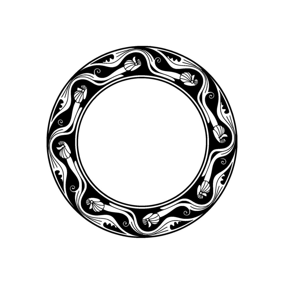 Art Nouveau Circular Frame, Black and White Floral Ornament. vector