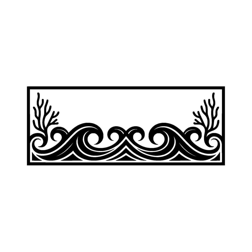Decorative Ocean Waves and Coral Frame - Black Silhouette. vector