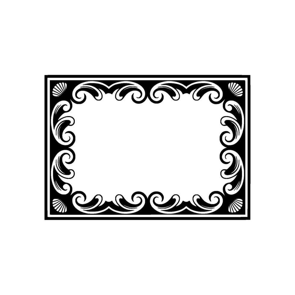 Elegant Black White Frame with Swirls and Shells on a Light Background. vector