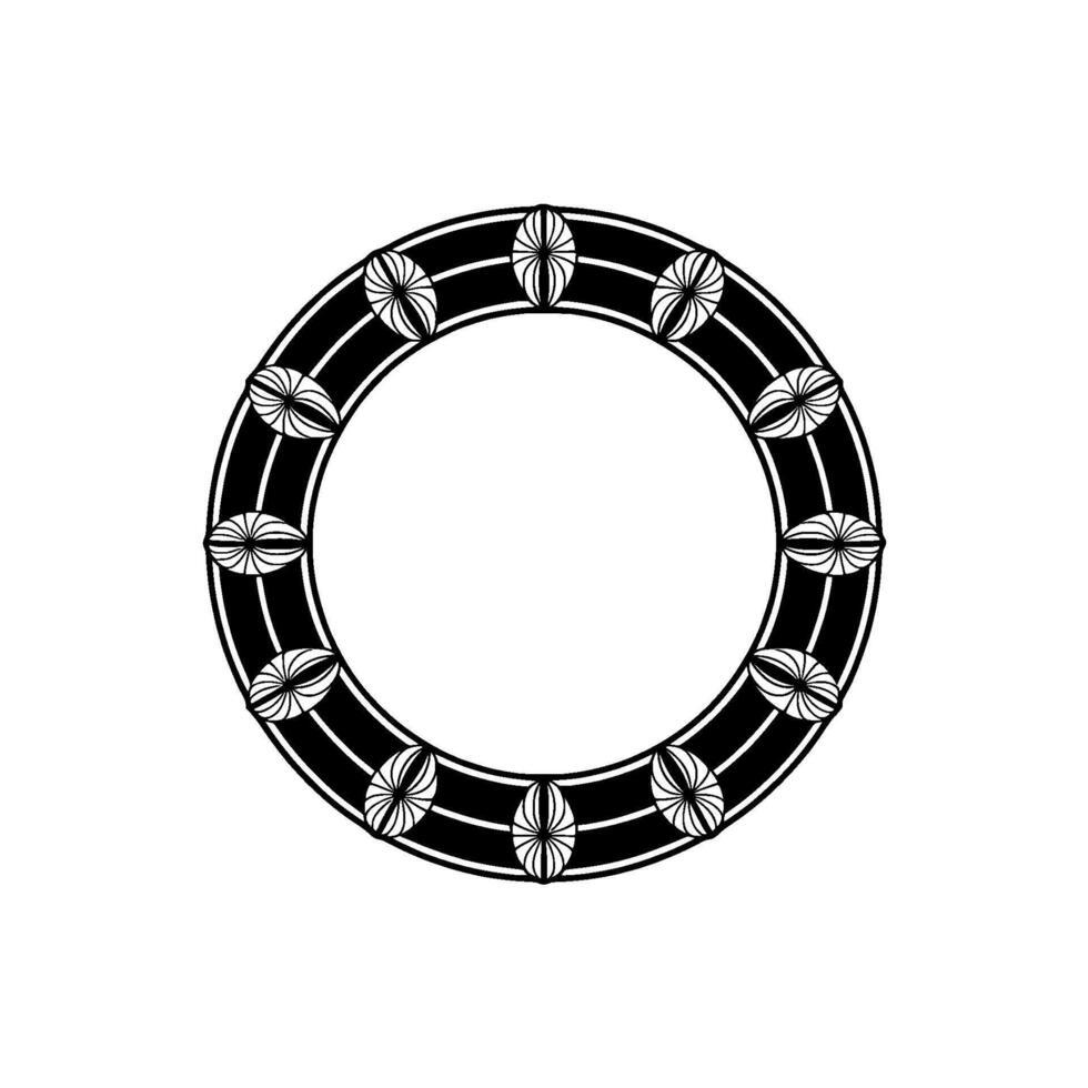 Black White Art Deco Circle Frame with Floral Accents. vector